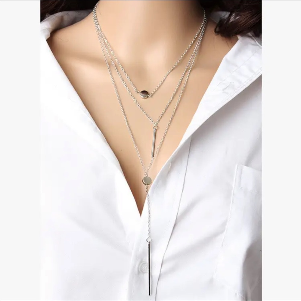 Silver Double Bar Circle Multilayer Necklace